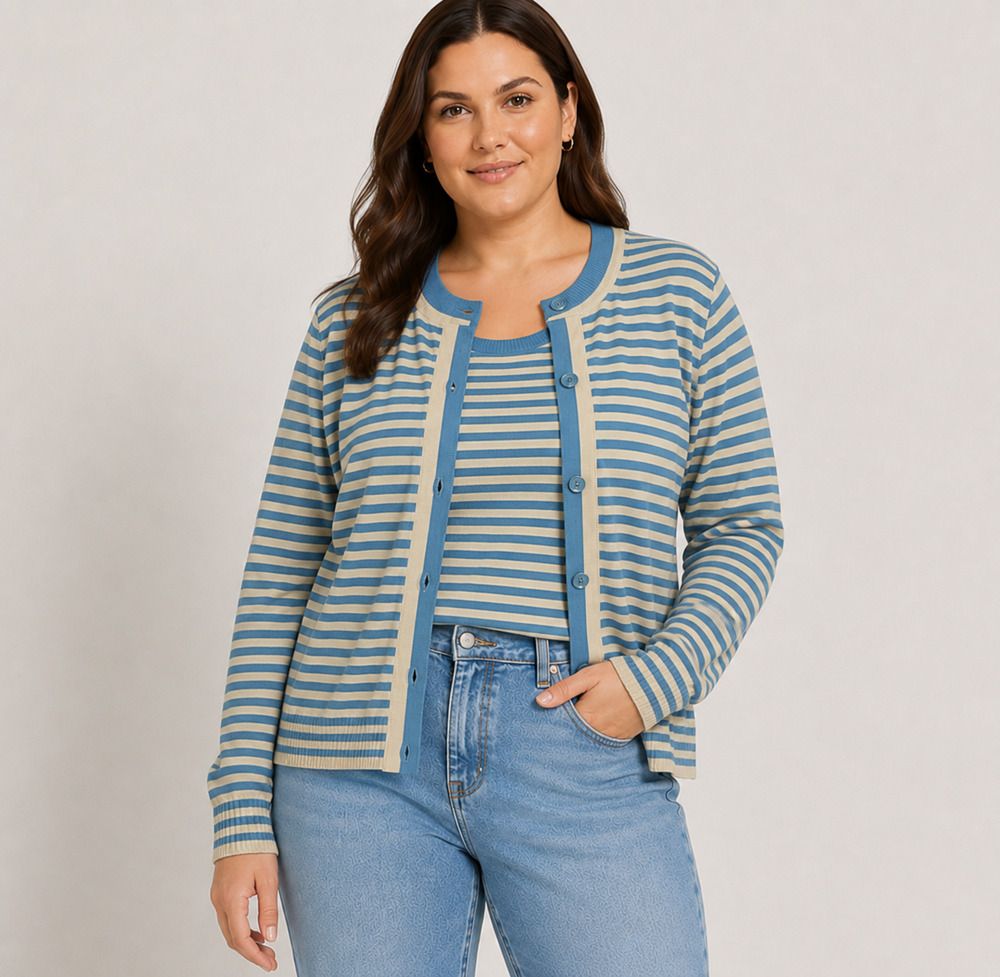 Free Assembly Womens XL 16-18 2 Piece Sweater Set Striped Cardigan Tank Blue